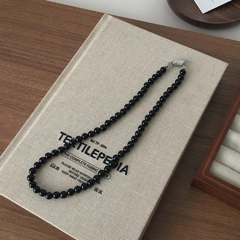 Fashion Punk Smooth Black Round Beads String Necklace for Women Men Unisex Acrylic Beads Choker Jewelry on The Neck Collar Gift