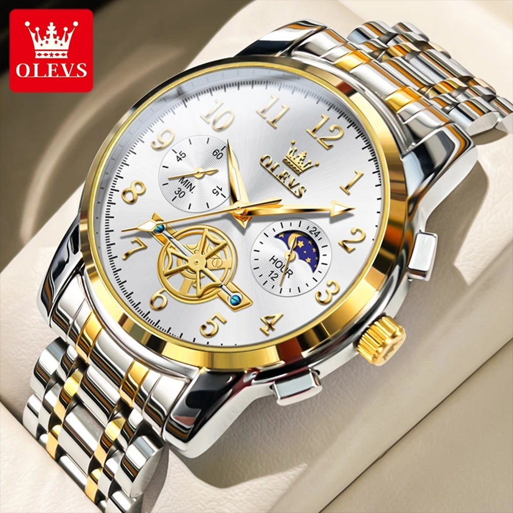 OLEVS 2900 Moon Phase Watch Men Stainless Steel Waterpoof Luminous Fashion Skeleton Chronograph Quartz Wrist Watch for Men NEW