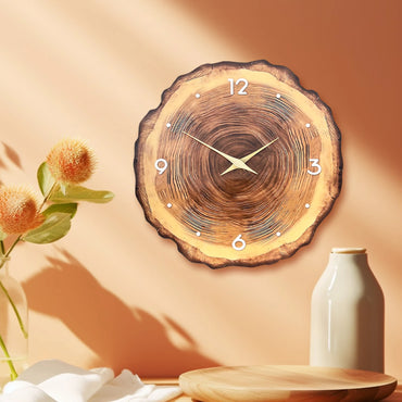 1pc wooden ring veneer wall clock, flat wood cross section texture pattern solid wood pointer design wall clock, silent clock