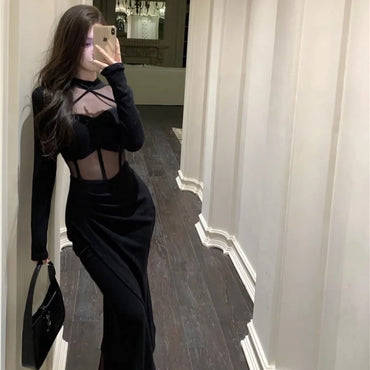 【HOT】Pure Desire Wind Royal Sister Spicy Girls Bag Spring and Autumn New Waist Cutting Fork Mesh Stitching Sexy Beautiful Dress