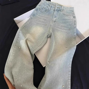 Slimming High Waist Shiny Star Rhinestone Denim Pants Women's Summer New Wide Leg Trendy Jeans High Waist Button Decor