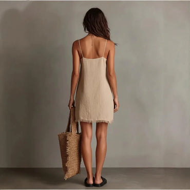 2026 new - European and American vacation home V-neck suspender beast-trimmed mini solid color dress