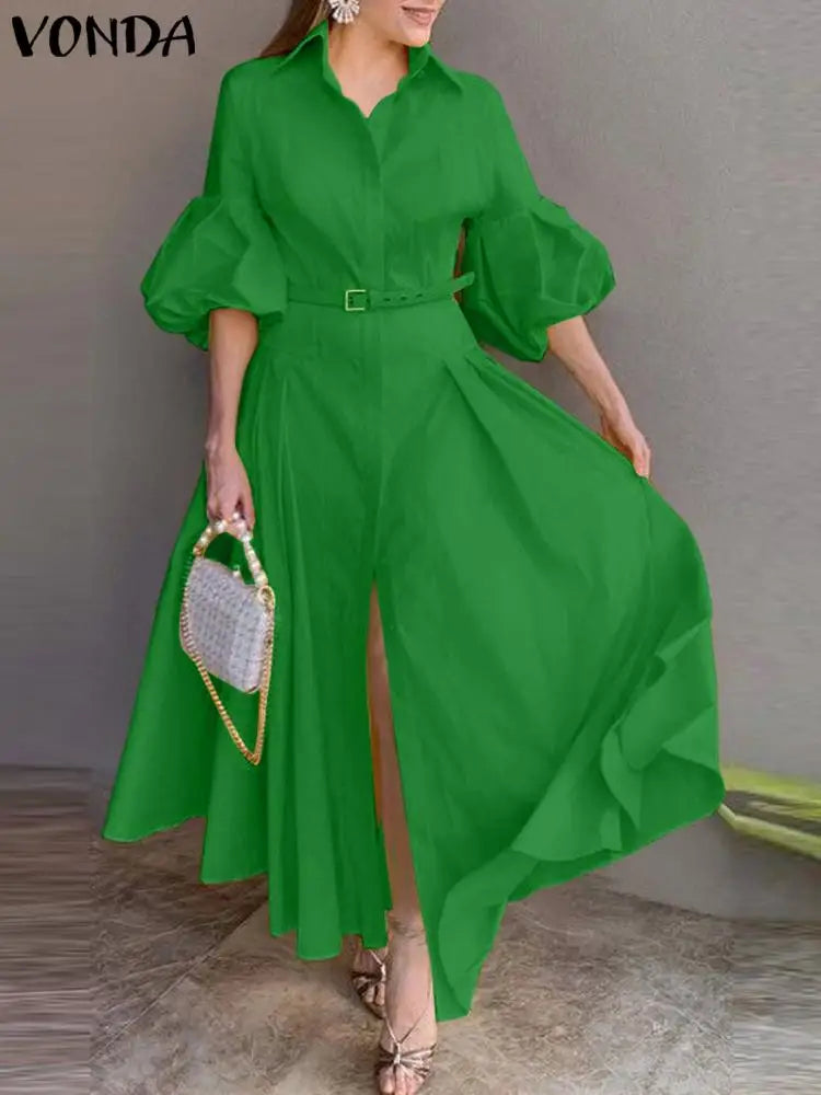 VONDA Elegant Maxi Dress Summer Women Fashion Lantern Sleeve Buttons Big Swing Party Shirt Sundress Casual Solid Patrty Sundress