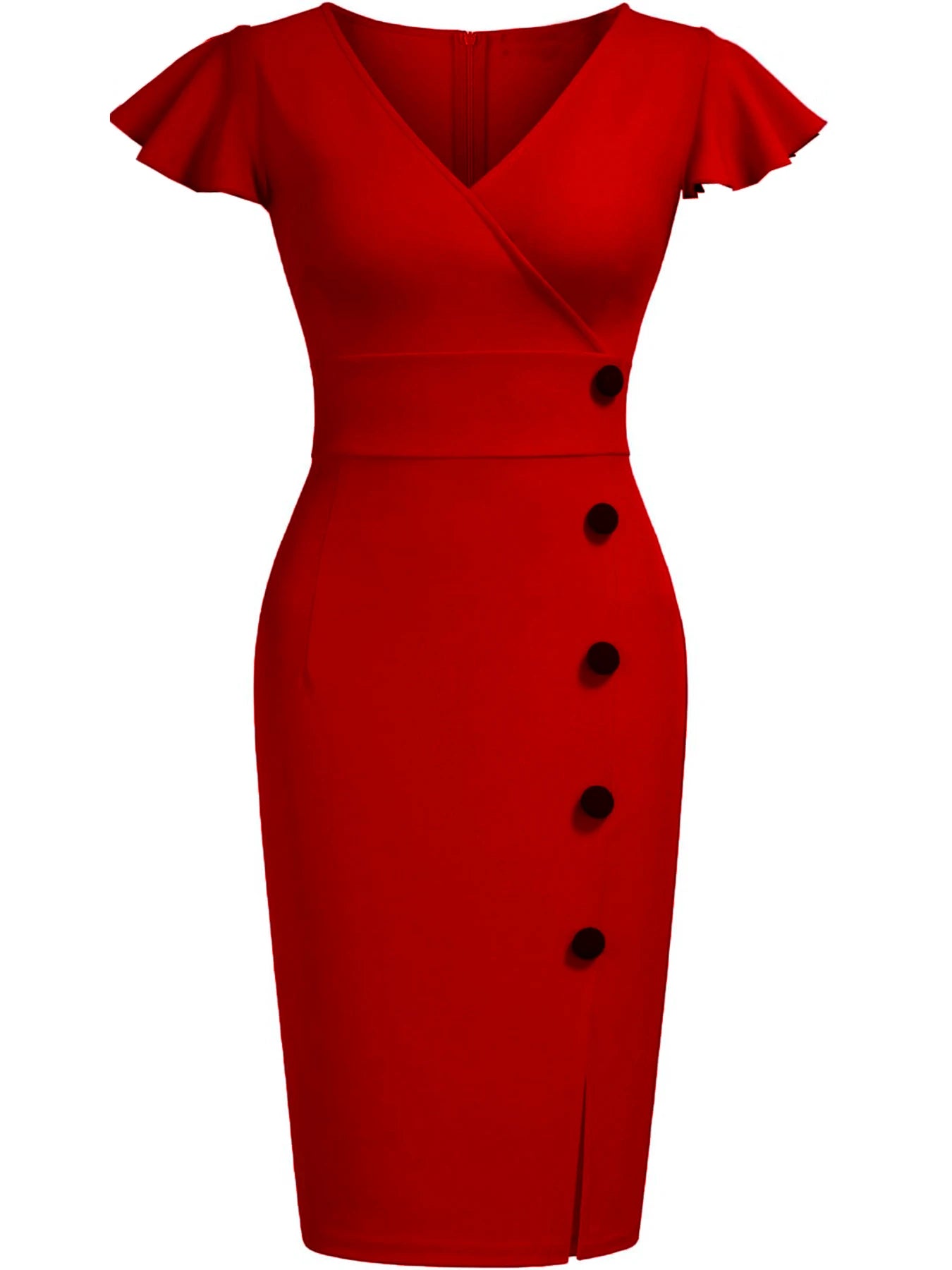 Women Sexy Deep V Neck Ruffle Vintage Sexy Cocktail Party Button Wrap Spilt Knee Length Sheath Bodycon Pencil Slim Dress