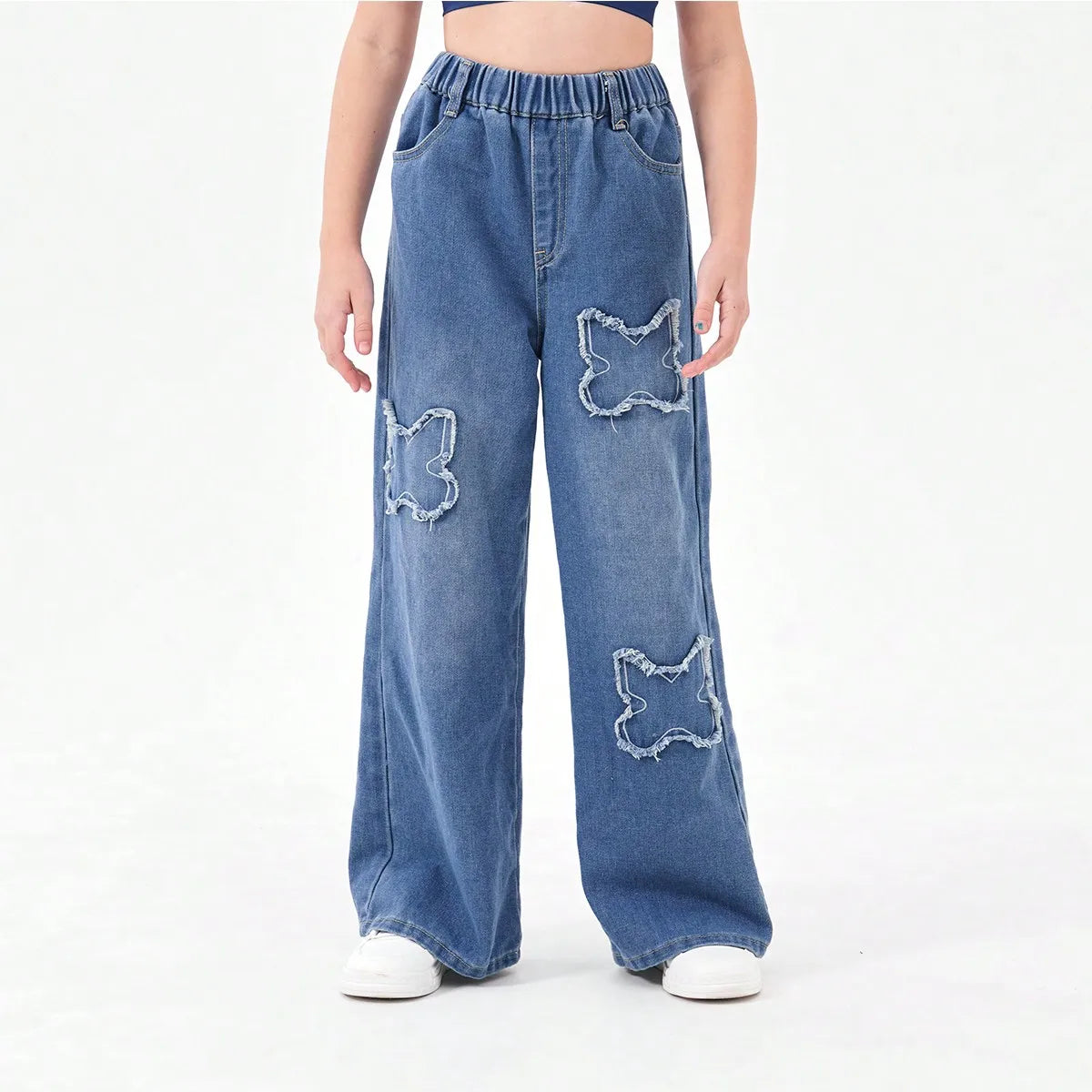 Washed Blue Vintage Patchwork Long Jeans Loose Casual Wide Leg Straight Tube Pants for Teenage Girls And Young Women