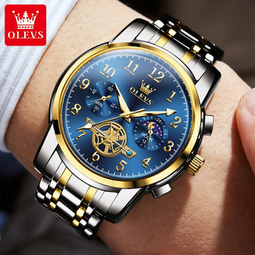 OLEVS 2900 Moon Phase Watch Men Stainless Steel Waterpoof Luminous Fashion Skeleton Chronograph Quartz Wrist Watch for Men NEW