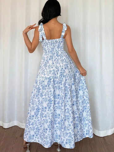 2026 Spring Summer New Women's Bohemian Adjustable Shoulder Strap Print Dress Lady French Style Sleeveless Cable tied Maxi Dress