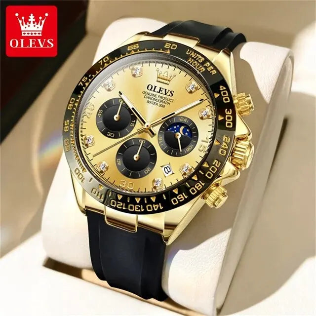 OLEVS 2875 Luxury Quartz Men Watch Silicone Strap Waterproof 24hour Moon Phase Chronograph Fashion Classic Sports Man Wristwatch