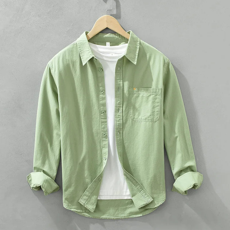 100% Cotton Spring Men's Casual Long-Sleeve Shirt, Outdoor Camping Hiking Japanese Style Loose Fit, Avocado Green Simple Fashion