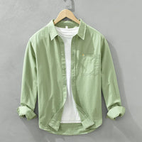 100% Cotton Spring Men's Casual Long-Sleeve Shirt, Outdoor Camping Hiking Japanese Style Loose Fit, Avocado Green Simple Fashion