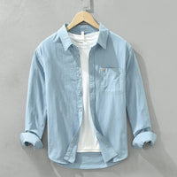 100% Cotton Spring Men's Casual Long-Sleeve Shirt, Outdoor Camping Hiking Japanese Style Loose Fit, Avocado Green Simple Fashion