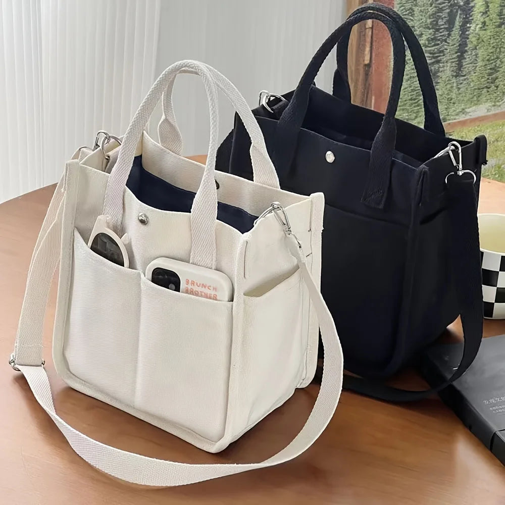 Small Canvas Tote Bag with Pockets Crossbody Bags for Women Cute Shoulder Purse Handbags Lunch Bag for Office Work