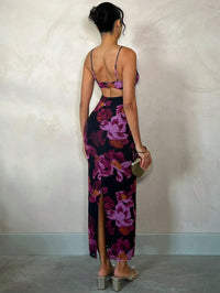 Floral Print Lace Trim Spaghetti Strap Curve Hugging Long Dress For Women