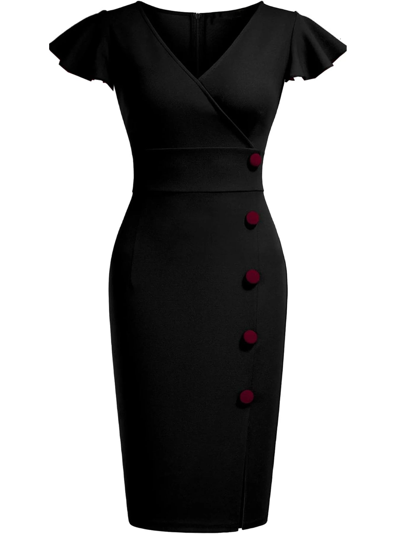 Women Sexy Deep V Neck Ruffle Vintage Sexy Cocktail Party Button Wrap Spilt Knee Length Sheath Bodycon Pencil Slim Dress