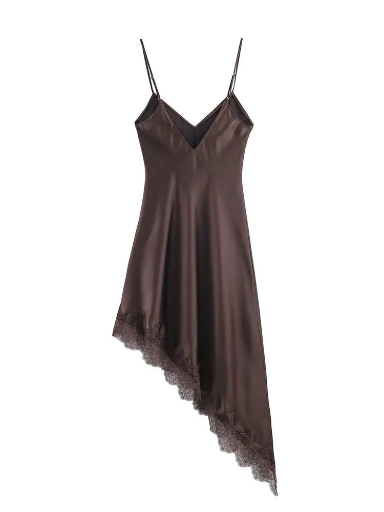 HH Women Vintage Brown Midi Dress Sexy Backless Asymmetric Lace Hem Sleeveless Camisole Dresses Y2K Elegant Woman Evening Dress