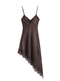 HH Women Vintage Brown Midi Dress Sexy Backless Asymmetric Lace Hem Sleeveless Camisole Dresses Y2K Elegant Woman Evening Dress