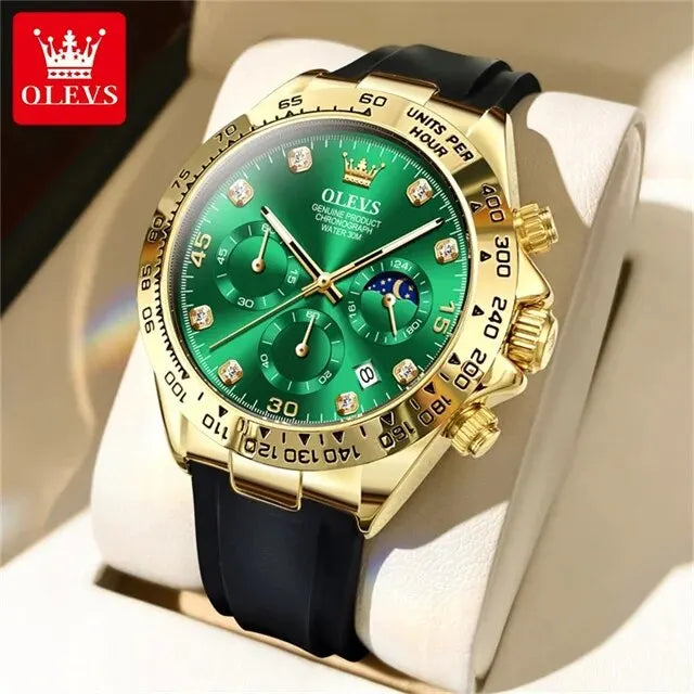 OLEVS 2875 Luxury Quartz Men Watch Silicone Strap Waterproof 24hour Moon Phase Chronograph Fashion Classic Sports Man Wristwatch