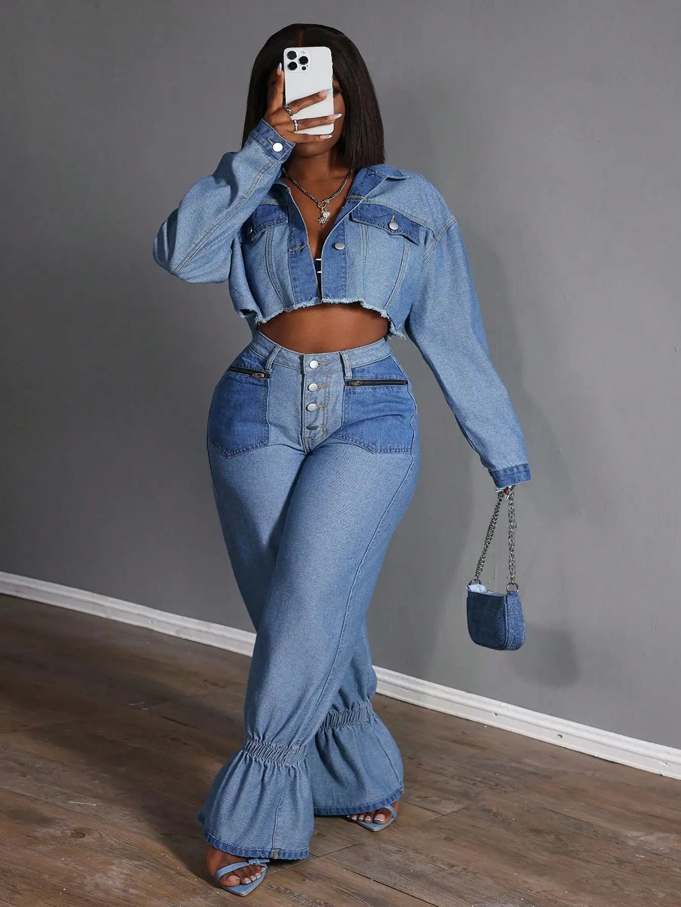 Plus Size Women Loose Casual Versatile Denim Jeans With Zipper Pockets And Ruffle Hem