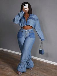 Plus Size Women Loose Casual Versatile Denim Jeans With Zipper Pockets And Ruffle Hem