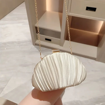 Minimalist Champagne Pleated Shell Clutch, Chic Evening Crossbody Purse with Gold Chain for Women Wedding Formal Shoulder Bags