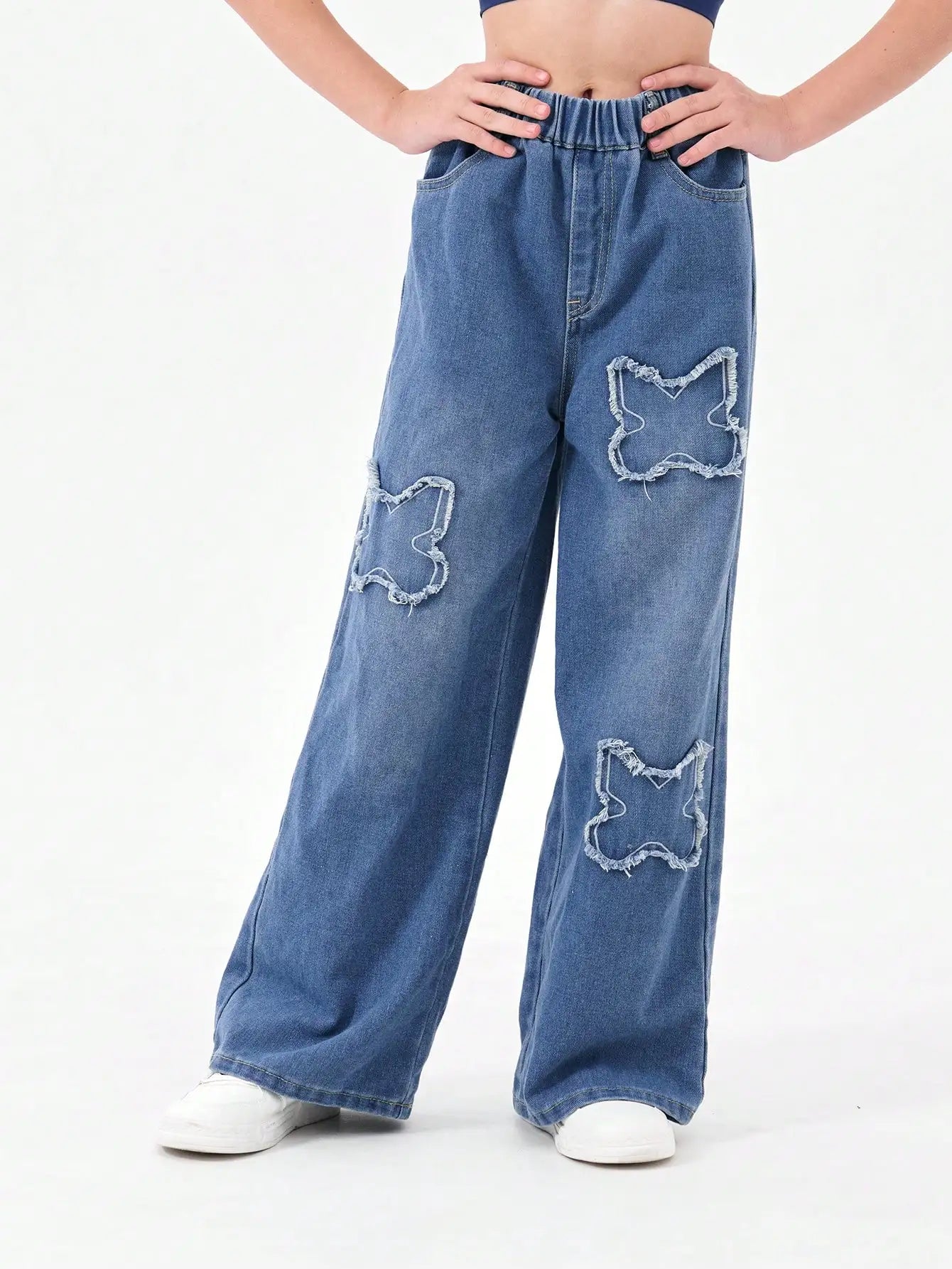 Washed Blue Vintage Patchwork Long Jeans Loose Casual Wide Leg Straight Tube Pants for Teenage Girls And Young Women