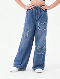 Washed Blue Vintage Patchwork Long Jeans Loose Casual Wide Leg Straight Tube Pants for Teenage Girls And Young Women