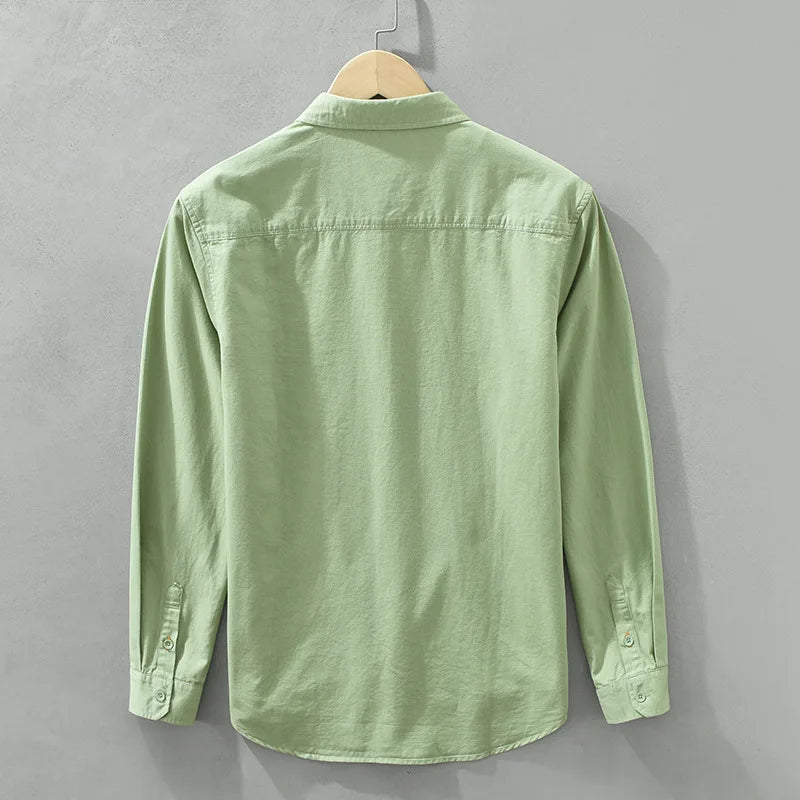 100% Cotton Spring Men's Casual Long-Sleeve Shirt, Outdoor Camping Hiking Japanese Style Loose Fit, Avocado Green Simple Fashion