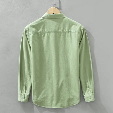 100% Cotton Spring Men's Casual Long-Sleeve Shirt, Outdoor Camping Hiking Japanese Style Loose Fit, Avocado Green Simple Fashion