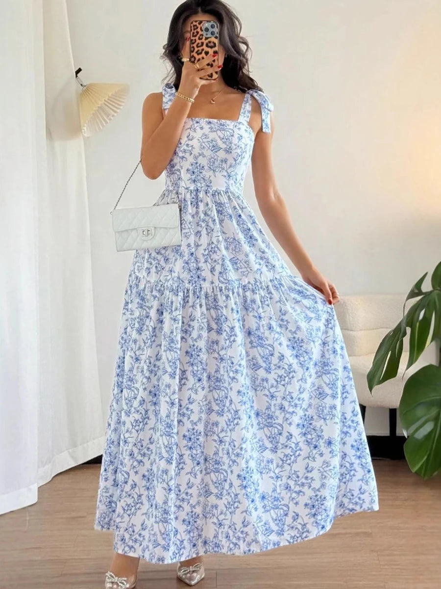 2026 Spring Summer New Women's Bohemian Adjustable Shoulder Strap Print Dress Lady French Style Sleeveless Cable tied Maxi Dress