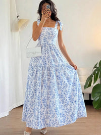 2026 Spring Summer New Women's Bohemian Adjustable Shoulder Strap Print Dress Lady French Style Sleeveless Cable tied Maxi Dress