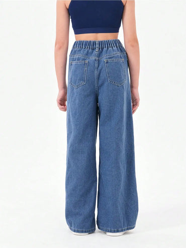 Washed Blue Vintage Patchwork Long Jeans Loose Casual Wide Leg Straight Tube Pants for Teenage Girls And Young Women