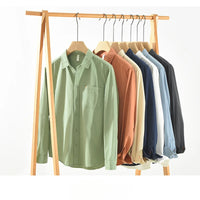 100% Cotton Spring Men's Casual Long-Sleeve Shirt, Outdoor Camping Hiking Japanese Style Loose Fit, Avocado Green Simple Fashion