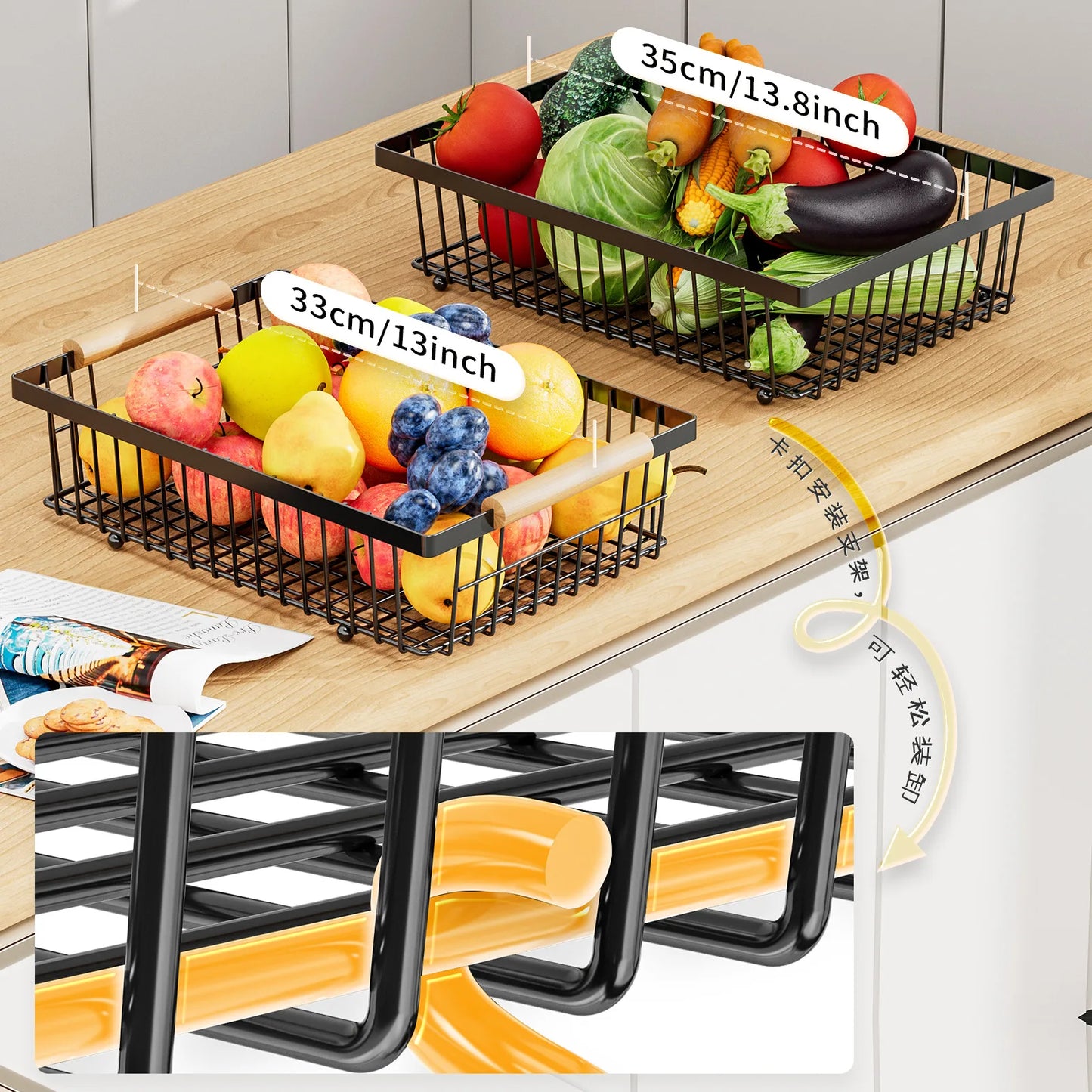 33*29cm deteachable fruit vegetable kitchen storage organizeation racks holders double-layer trays wood hand SS home display