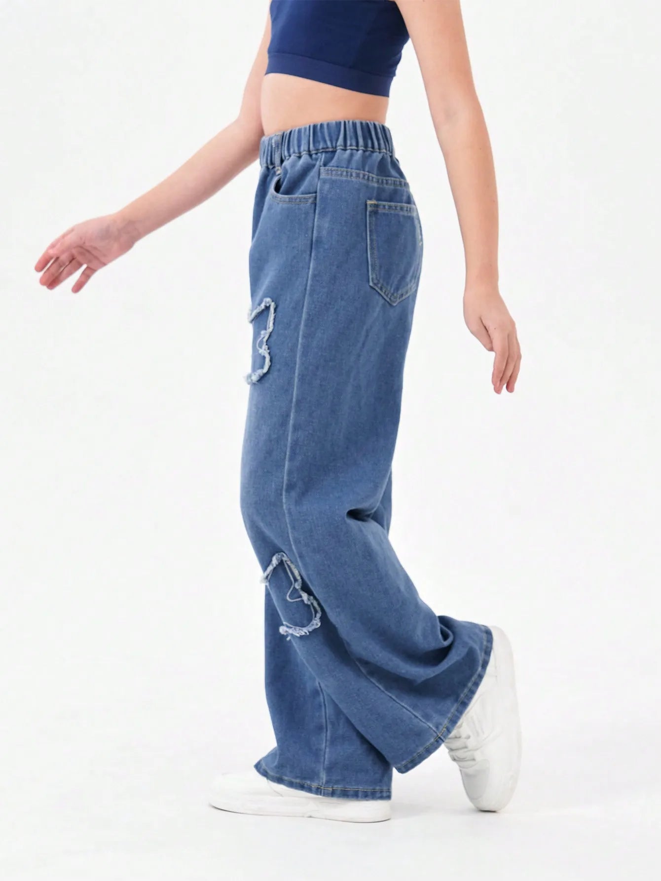 Washed Blue Vintage Patchwork Long Jeans Loose Casual Wide Leg Straight Tube Pants for Teenage Girls And Young Women