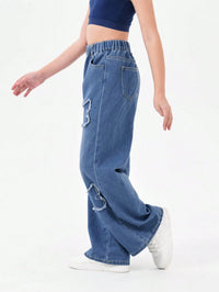 Washed Blue Vintage Patchwork Long Jeans Loose Casual Wide Leg Straight Tube Pants for Teenage Girls And Young Women