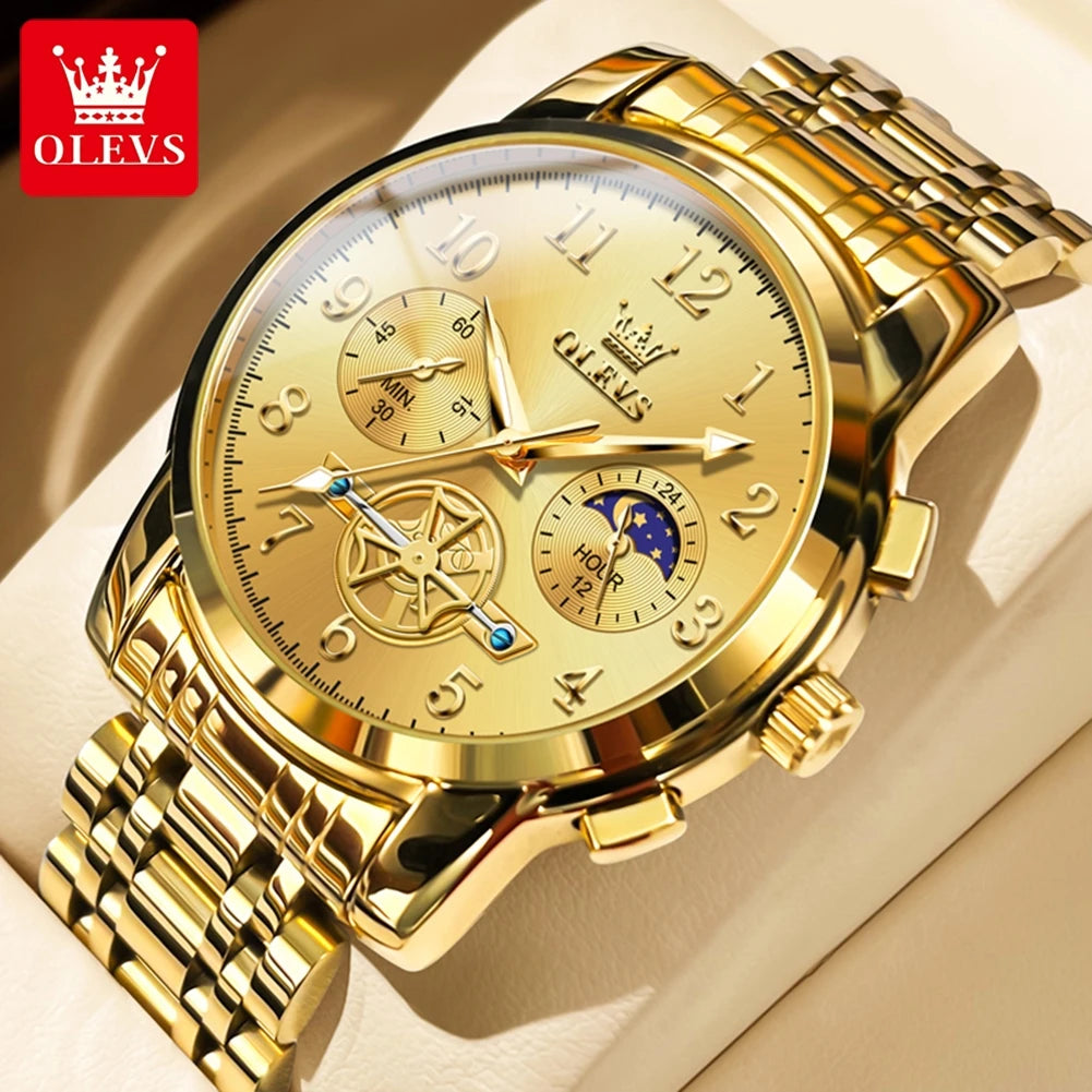 OLEVS 2900 Moon Phase Watch Men Stainless Steel Waterpoof Luminous  Fashion Skeleton Chronograph Quartz Wrist Watch for Men NEW