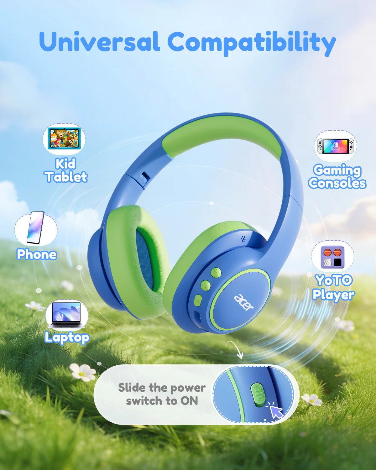 Acer OHR702 Kids Bluetooth 6.0 Headphones Over Ear Headphone with Mic 85dBA Safe Volume USB C Fast Charging Toddler Headphones