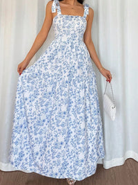 2026 Spring Summer New Women's Bohemian Adjustable Shoulder Strap Print Dress Lady French Style Sleeveless Cable tied Maxi Dress
