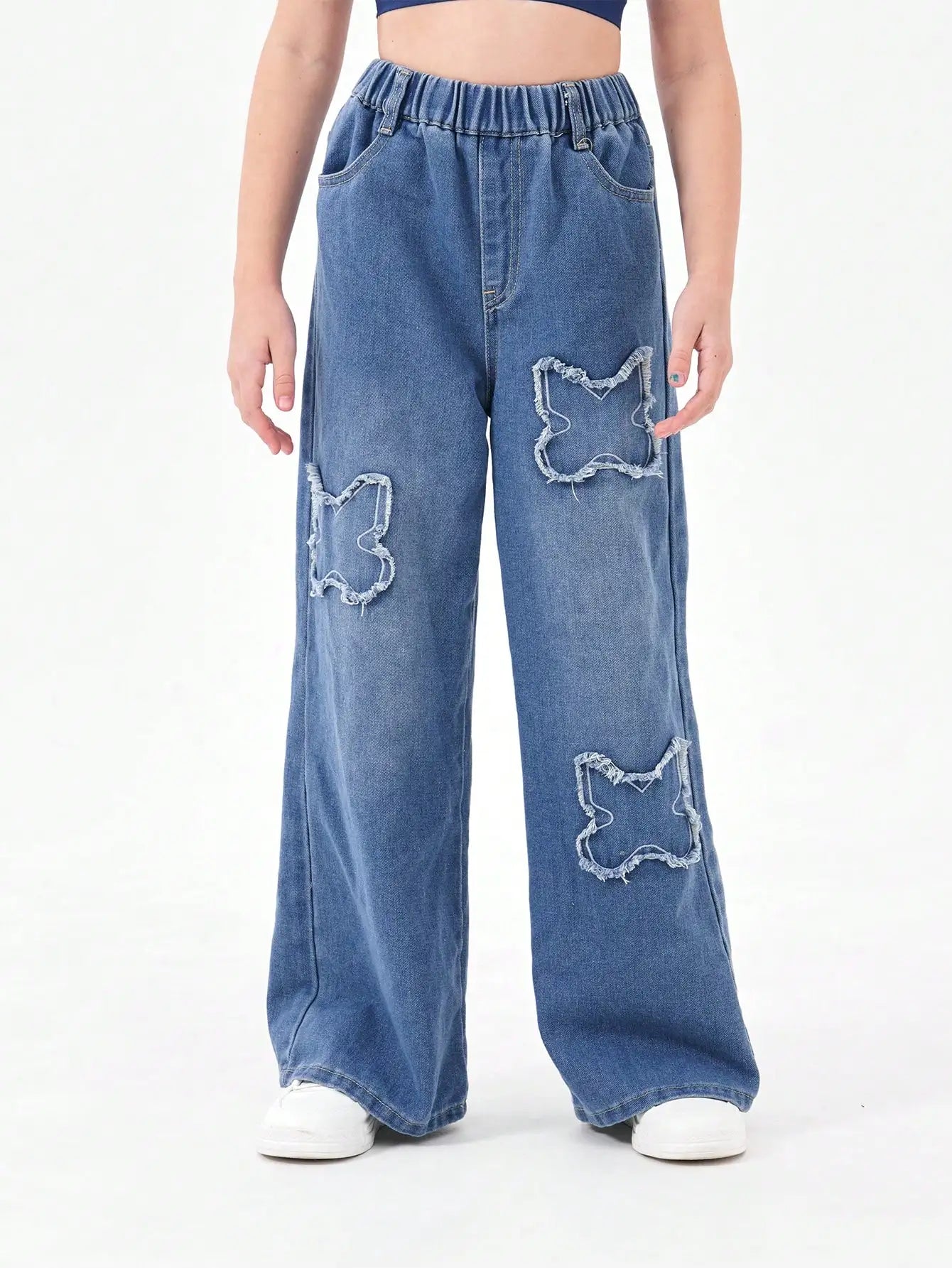 Washed Blue Vintage Patchwork Long Jeans Loose Casual Wide Leg Straight Tube Pants for Teenage Girls And Young Women