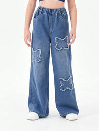 Washed Blue Vintage Patchwork Long Jeans Loose Casual Wide Leg Straight Tube Pants for Teenage Girls And Young Women
