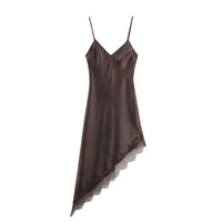 HH Women Vintage Brown Midi Dress Sexy Backless Asymmetric Lace Hem Sleeveless Camisole Dresses Y2K Elegant Woman Evening Dress