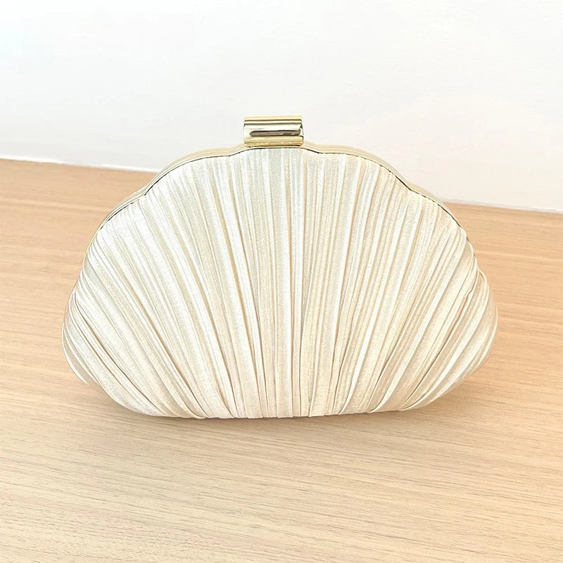 Minimalist Champagne Pleated Shell Clutch, Chic Evening Crossbody Purse with Gold Chain for Women Wedding Formal Shoulder Bags