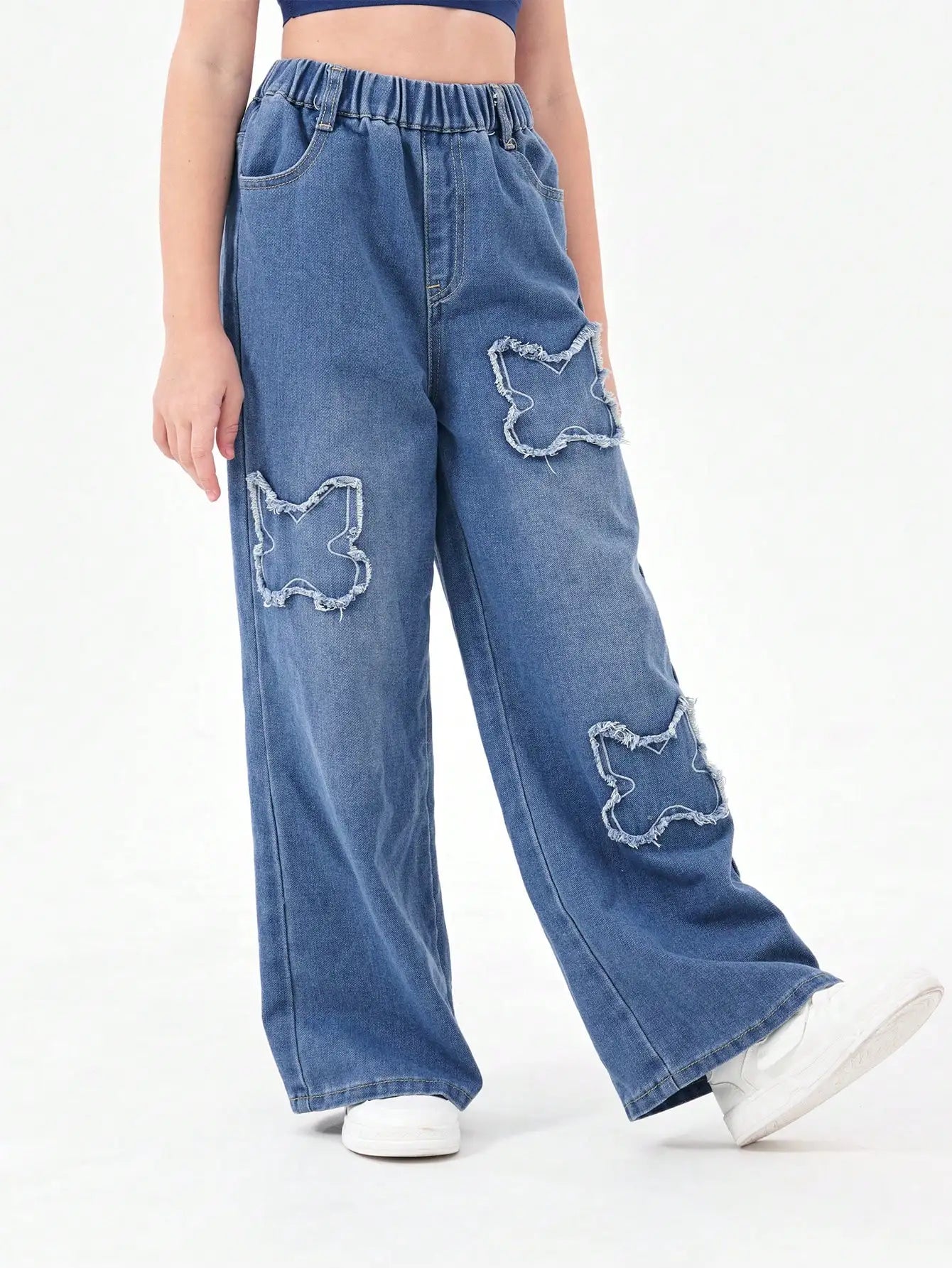 Washed Blue Vintage Patchwork Long Jeans Loose Casual Wide Leg Straight Tube Pants for Teenage Girls And Young Women