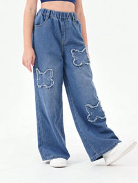 Washed Blue Vintage Patchwork Long Jeans Loose Casual Wide Leg Straight Tube Pants for Teenage Girls And Young Women
