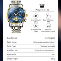 OLEVS 2900 Moon Phase Watch Men Stainless Steel Waterpoof Luminous  Fashion Skeleton Chronograph Quartz Wrist Watch for Men NEW