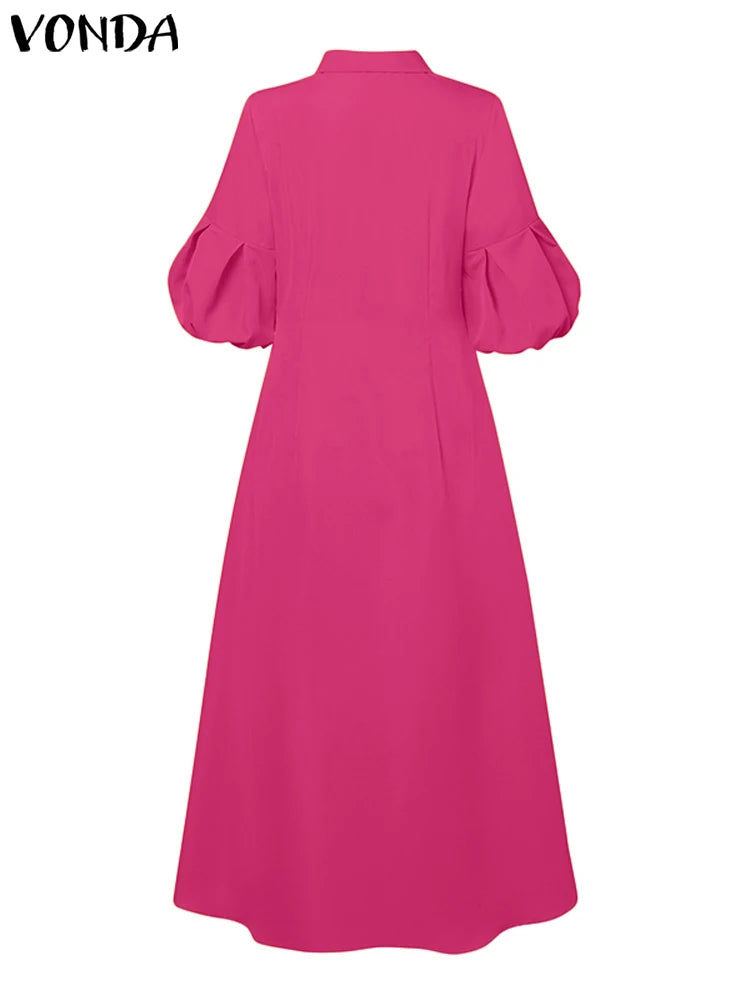 VONDA Elegant Maxi Dress Summer Women Fashion Lantern Sleeve Buttons Big Swing Party Shirt Sundress Casual Solid Patrty Sundress