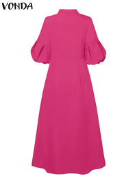 VONDA Elegant Maxi Dress Summer Women Fashion Lantern Sleeve Buttons Big Swing Party Shirt Sundress Casual Solid Patrty Sundress