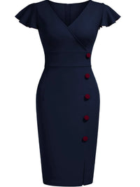 Women Sexy Deep V Neck Ruffle Vintage Sexy Cocktail Party Button Wrap Spilt Knee Length Sheath Bodycon Pencil Slim Dress