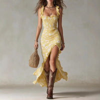 2026 New Women's Bohemian Retro Ruffled Sleeveless Strap High-Split Dress