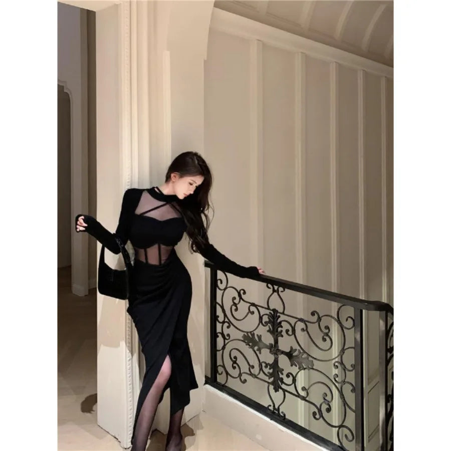 【HOT】Pure Desire Wind Royal Sister Spicy Girls Bag Spring and Autumn New Waist Cutting Fork Mesh Stitching Sexy Beautiful Dress